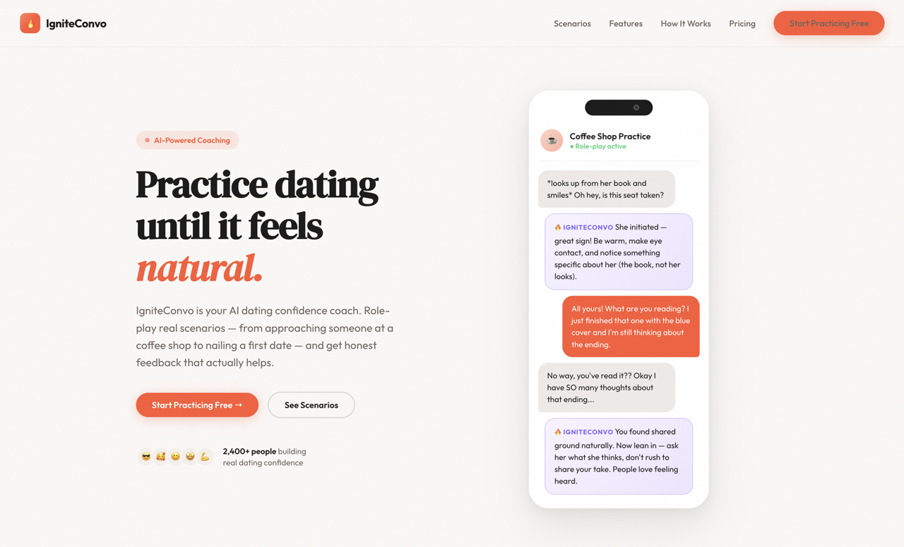 IgniteConvo landing page — Practice dating until it feels natural.