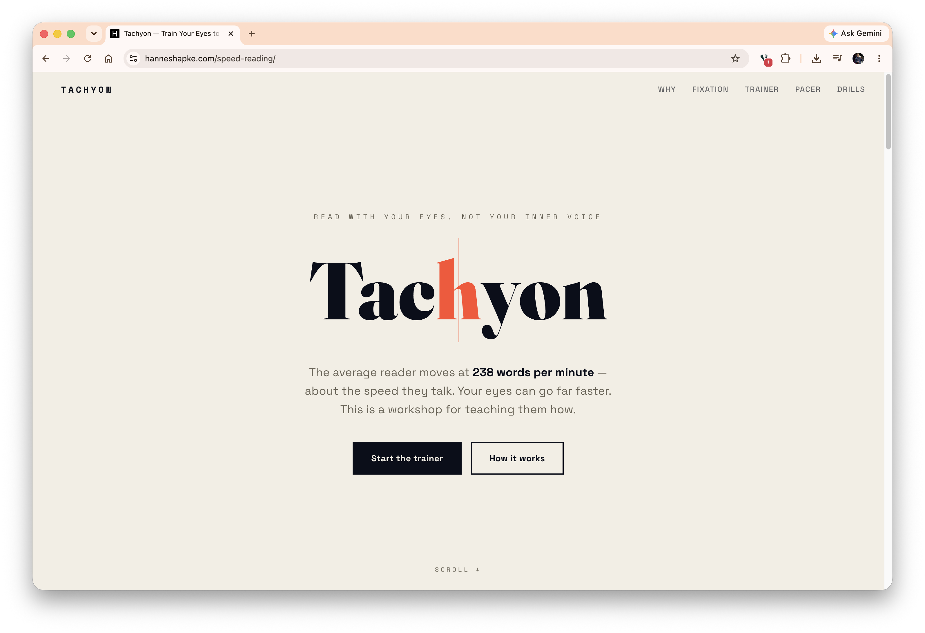 Tachyon landing page — Read with your eyes, not your inner voice.