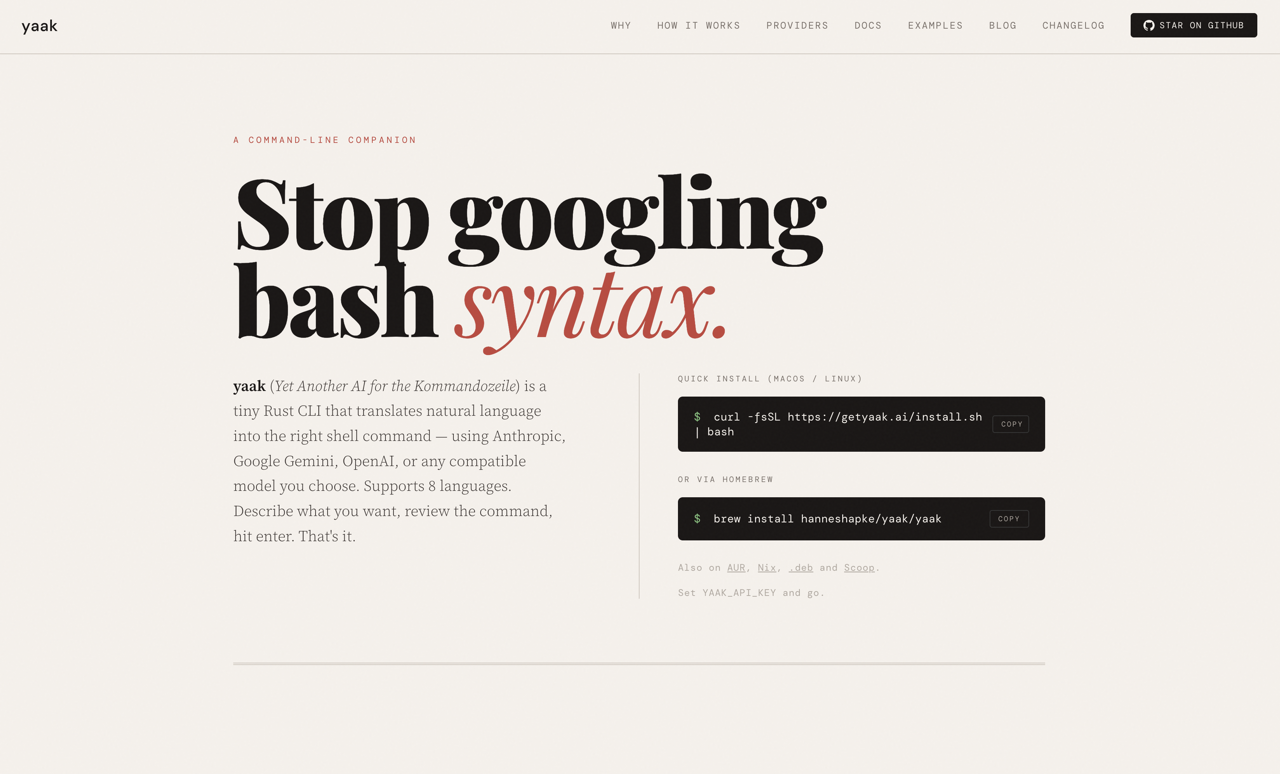 yaak landing page — Stop googling bash syntax.